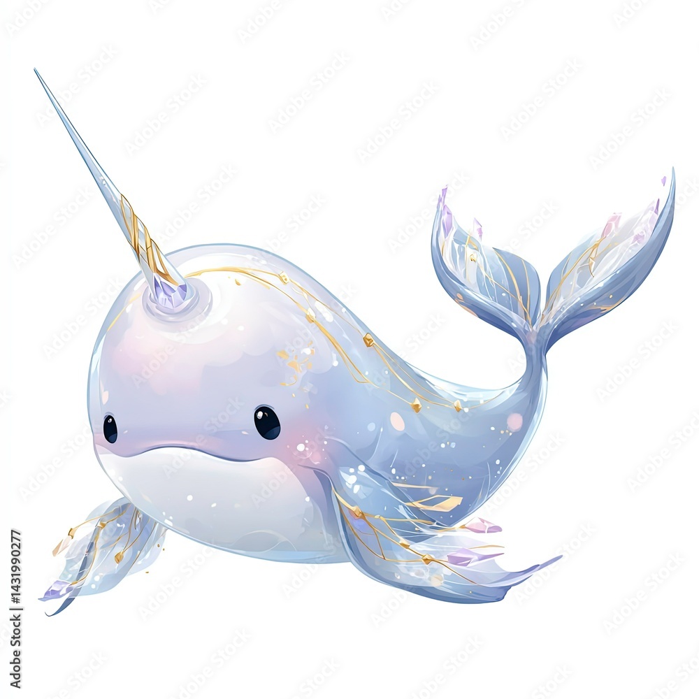 Fototapeta premium Cute narwhal illustration with pastel colors swimming in a magical ocean setting