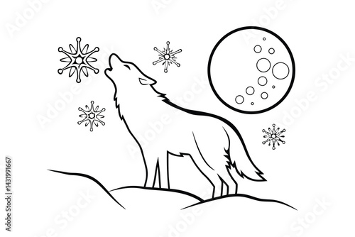Winter wolf howling at the moon vector line art illustration with snowflakes isolated