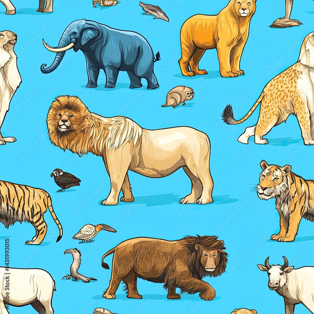 Naklejka premium Vibrant Seamless Pattern Featuring Diverse Wild Animals: Lions, Tigers, Elephants, and More on a Blue Background