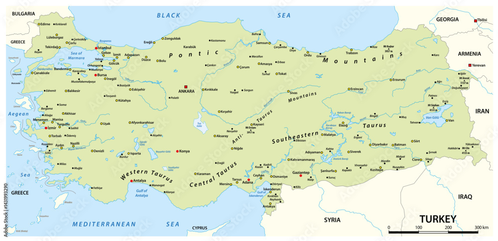 Map of the Republic of Turkey, Asia, Europe