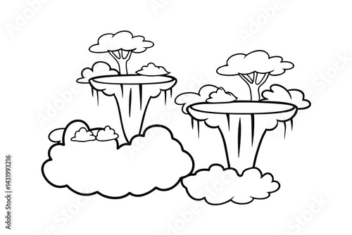Floating islands with trees and clouds cartoon outline vector illustration isolated on white background
