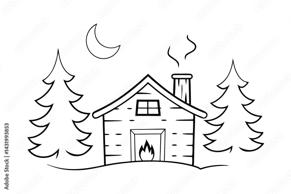 Winter cabin scene with fireplace and moon in black and white outlines Winter cabin scene with fireplace and moon in black and white outlines