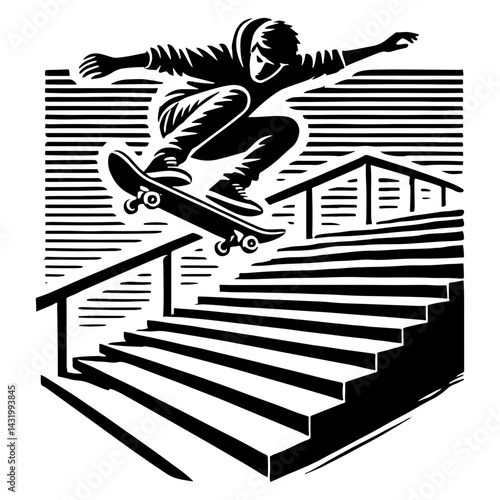 Vector Illustration of a Skateboarder Doing an Ollie Down A Set of Stairs, Black and White Skate Boarder Silhouette.