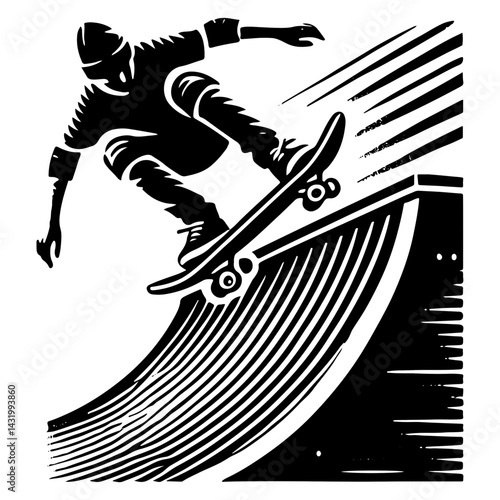 Vector Illustration of a Skateboarder Dropping in on a Half Pipe, Black and White Skate Boarder Silhouette.