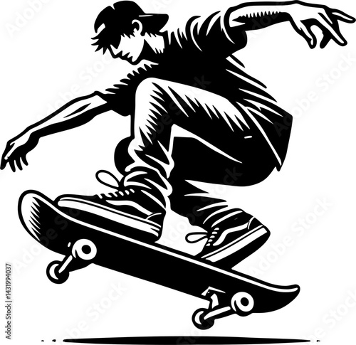 Skateboarder Doing An Ollie, Black And White Skateboard Silhouette