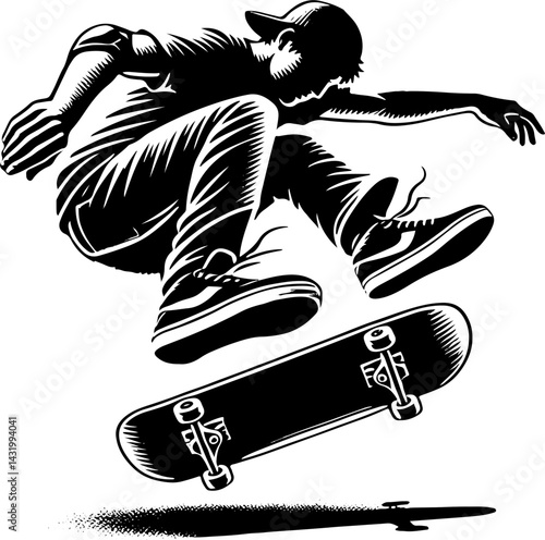 Skateboarder Doing A Kick Flip, Black And White Skateboard Silhouette