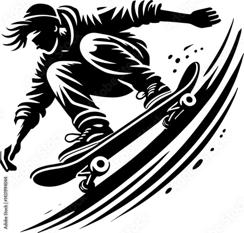Skateboarder Cruising, Black And White Skateboard Silhouette