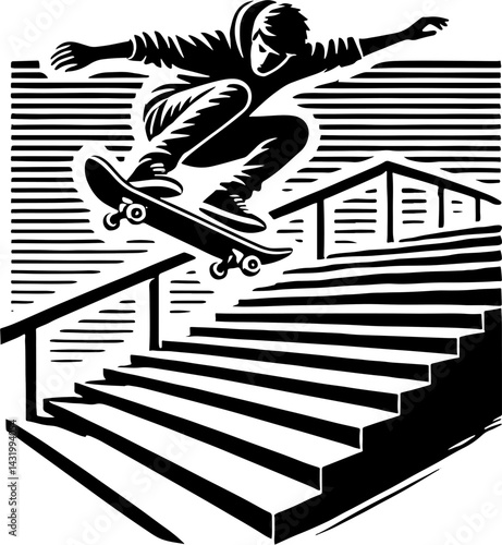 Skateboarder Performing An Ollie Down A Huge Set Of Stairs, Black And White Skateboard Silhouette