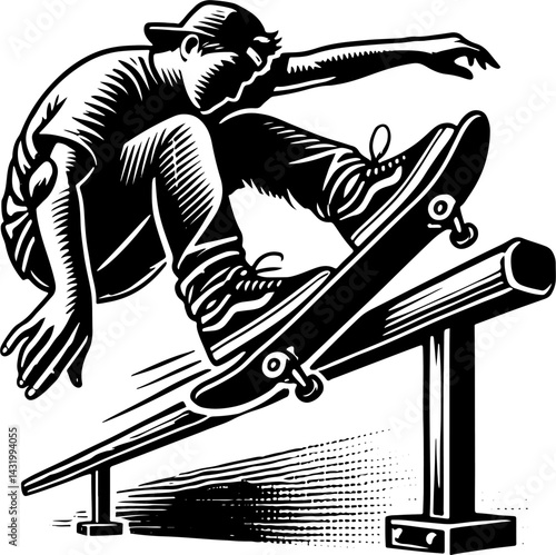 Skateboarder With A Board Slide Grind On A Rail, Black And White Skateboard Silhouette