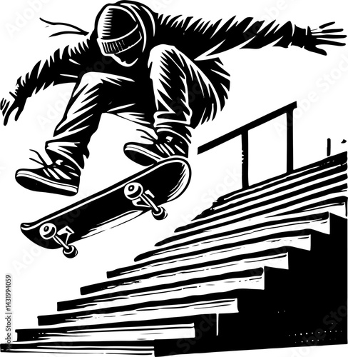 Skateboarder Doing A Flip Trick Down A Set Of Stairs, Black And White Skateboard Silhouette