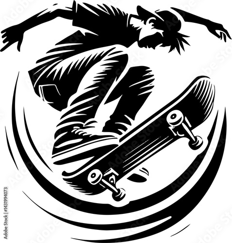 Skateboarder Performing A Flip Trick, Black And White Skateboard Silhouette