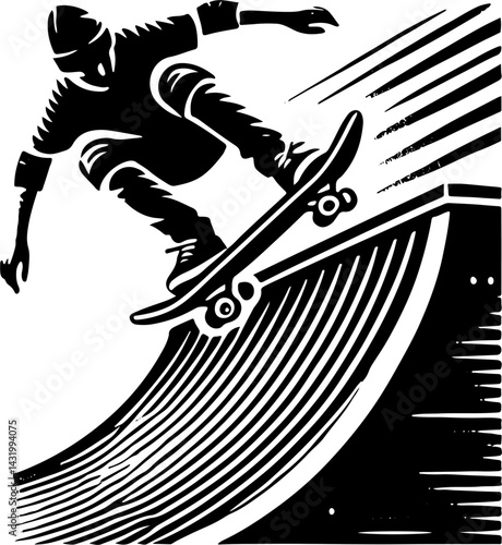 Skateboarder Dropping In On A Vert Ramp, Black And White Skateboard Silhouette