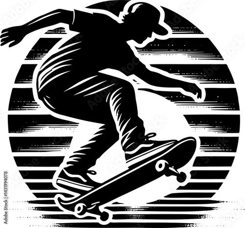Skateboarder Doing A Manuel In Front Of A Sunset, Black And White Skateboard Silhouette
