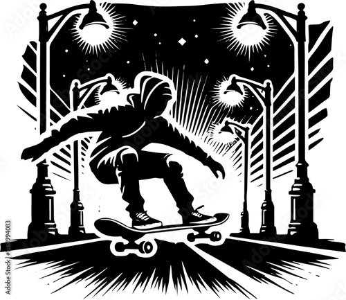 Skateboarder Doing A Board Slide On The Street, Black And White Skateboard Silhouette 