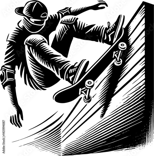 Skateboarder Doing A Wall Ride, Black And White Skateboard Silhouette