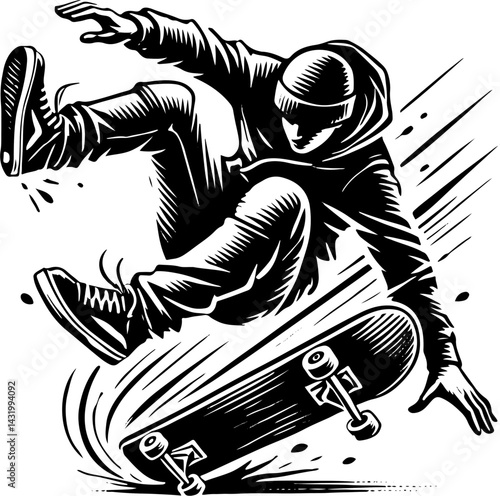 Skateboarder Falling Off His Board, Black And White Skateboard Silhouette 
