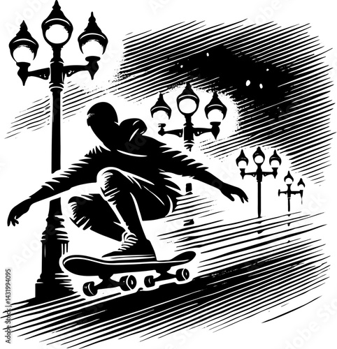 Skateboarder Bombing A Hill, Black And White Skateboard Silhouette 