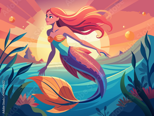 vector of A mermaid gliding effortlessly in the ocean, her tail glistening in the soft light of the setting sun, an ethereal underwater world.