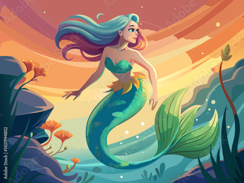 vector of A mermaid gliding effortlessly in the ocean, her tail glistening in the soft light of the setting sun, an ethereal underwater world.