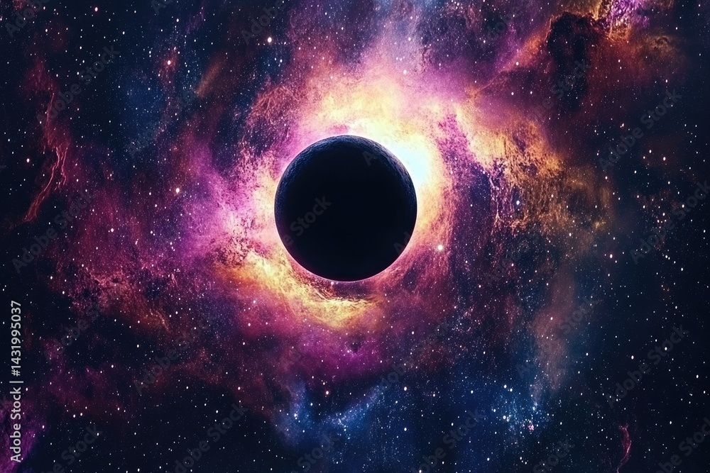 Obraz premium A dark celestial body surrounded by swirling nebulas in deep space.