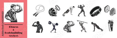 Black Fitness and Bodybuilding Vector Set for Men's Workout, Gym Equipment, Strength Training, and Muscle Building Designs- eps