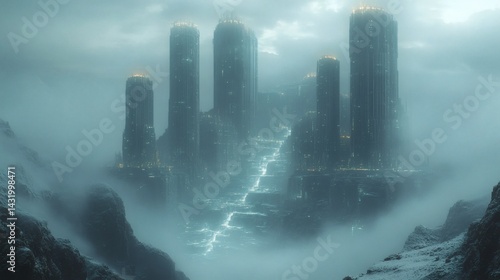 A magnificent cityscape shrouded in mist, blending seamlessly with its environment. The buildings pierce through the clouds, creating a mysterious atmosphere