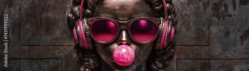 A bronze bust sculpture of a woman wearing pink headphones and sunglasses, chewing bubblegum