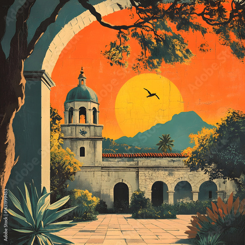 Vintage travel poster of a Mexican hacienda with traditional architecture, warm colors, and a glowing golden sunset in the background