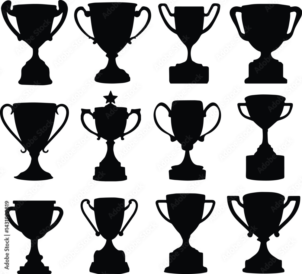 Set of 12 black silhouette of trophy cups vector illustrations Set of 12 black silhouette of trophy cups vector illustrations