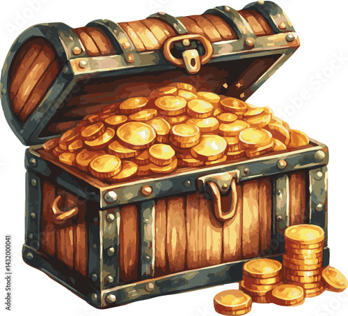 Watercolo vector illustartion of a historic chest with gold money