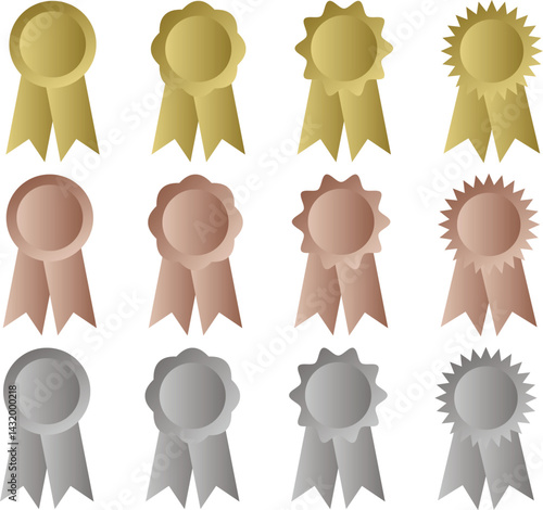 Collection of golden, silver and bronze trophy ribbon badges