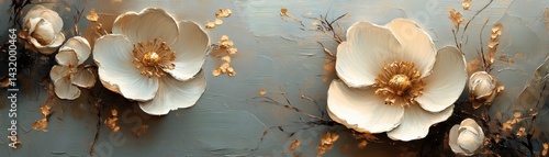 Elegant floral artwork, capturing the delicate beauty of white flowers with golden accents against a textured backdrop