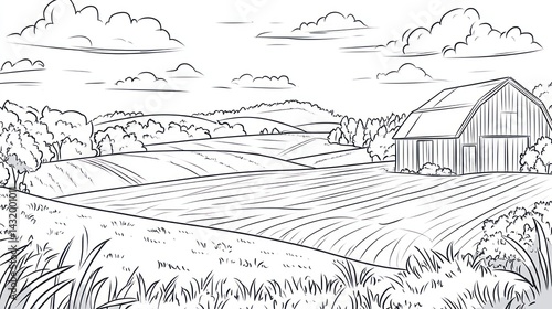 Wallpaper Mural Rural Barn, Rolling Fields, Summer Day, Peaceful Landscape, Farm Illustration Torontodigital.ca