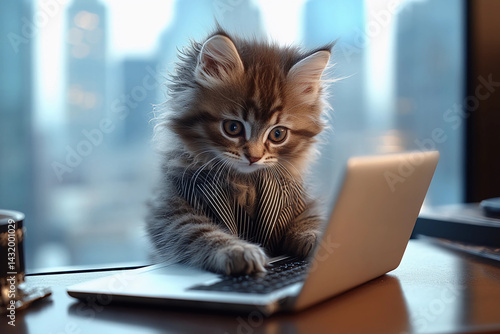 Young British Shorthair kitten dressed in a pinstripe suit typing on a laptop with a stunning office skyscraper backdrop, high-key lighting highlighting the adorable scene