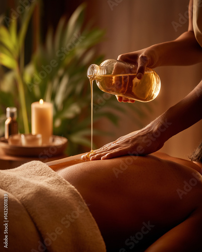 Ayurvedic massage in progress, relaxing atmosphere, warm lighting  