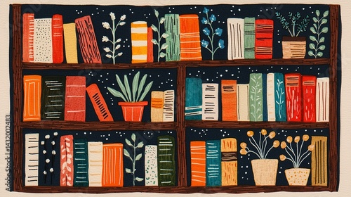 Cozy library-themed journal page with colorful bookshelves creative workspace artistic design whimsical atmosphere