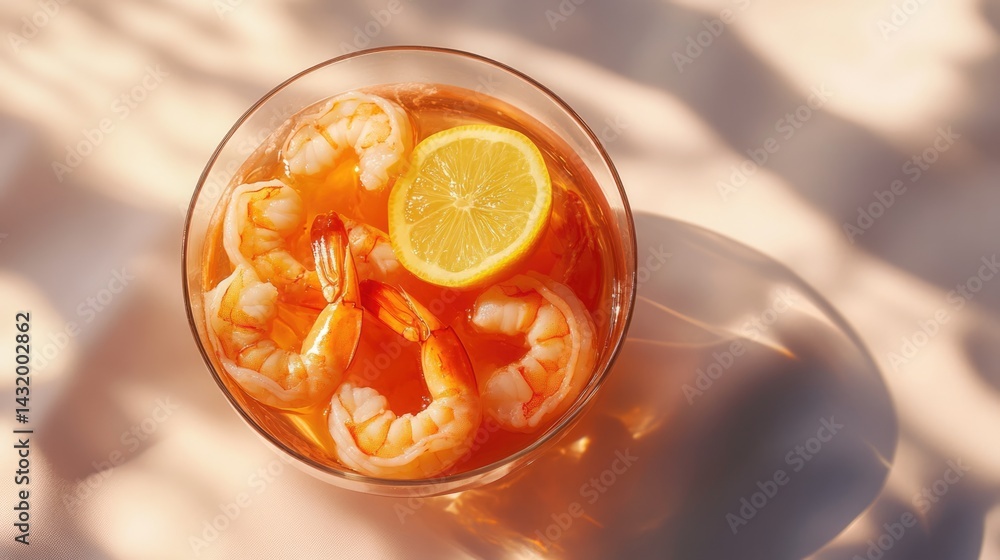 Succulent Shrimp in a Glass with Lemon Slice, bathed in Sunlight Succulent Shrimp in a Glass with Lemon Slice, bathed in Sunlight