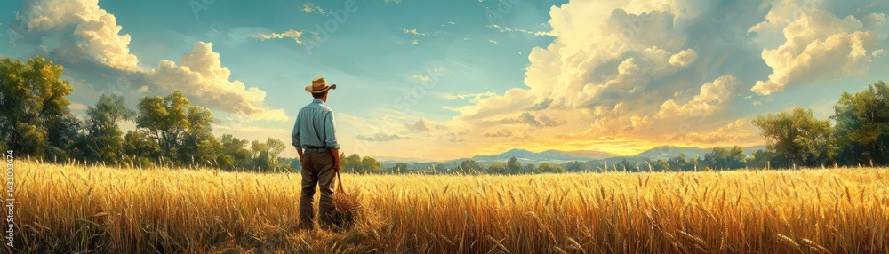 A farmer standing in a golden wheat field, admiring the picturesque landscape. The sky is filled with fluffy clouds, adding to the beauty of the scenery A farmer standing in a golden wheat field, admiring the picturesque landscape. The sky is filled with fluffy clouds, adding to the beauty of the scenery
