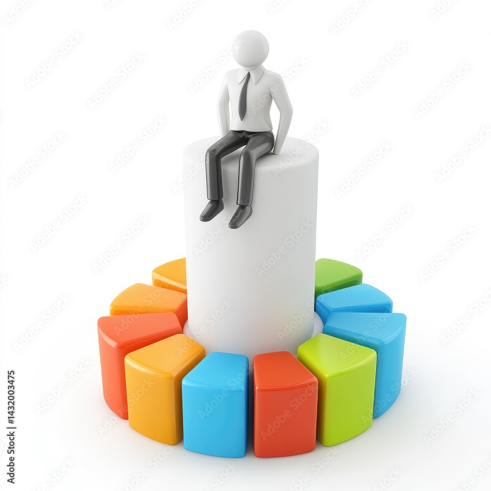 Businessperson atop a colorful data analysis column. Businessperson atop a colorful data analysis column.