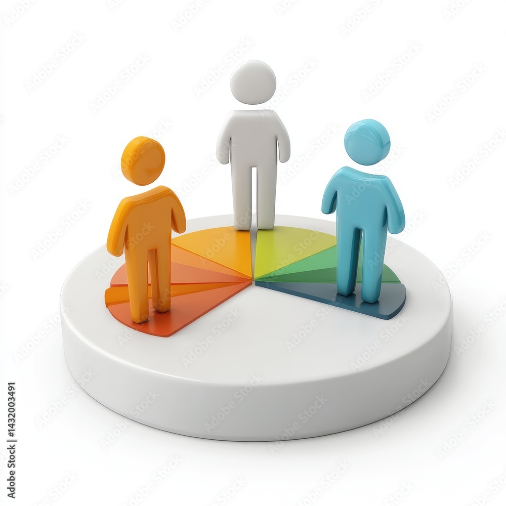 Three figures stand on a pie chart, highlighting diverse groups. Three figures stand on a pie chart, highlighting diverse groups.