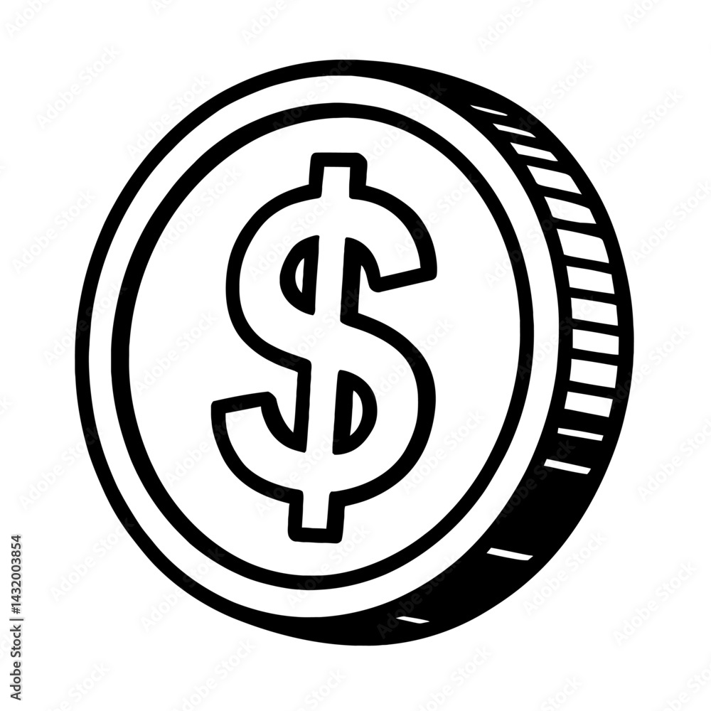 Vector line illustration of a coin with a dollar sign on its face in black and white. Represents American currency and finance. Vector line illustration of a coin with a dollar sign on its face in black and white. Represents American currency and finance.