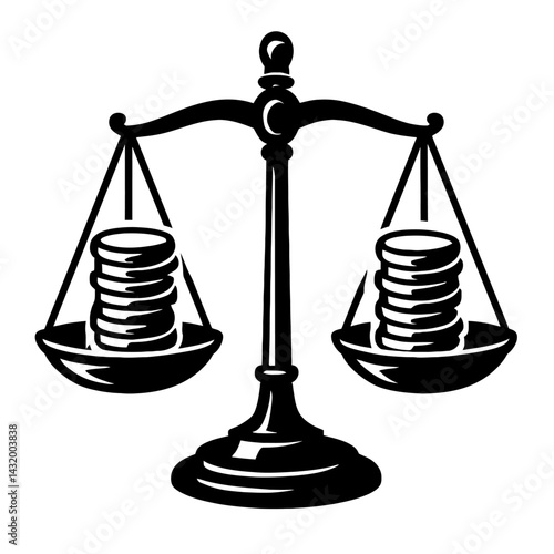 Vector illustration of a balance scale with stacks of coins in both pans in black and white. Represents financial balance and economic equilibrium.