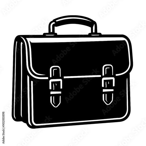 Vector illustration of a classic briefcase with a handle and buckle closures in black and white. Represents business and professionalism.