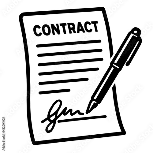 Vector illustration of a contract document with lines of text, a signature, and a pen in black and white. Represents agreement and legal document.