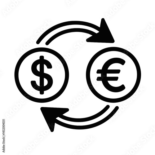 Vector silhouette illustration of the currency exchange process between the US dollar and the Euro. Represents foreign exchange and currency conversion.