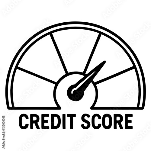 Vector illustration of a speedometer-style gauge with the text "CREDIT SCORE" below in black and white. Represents creditworthiness and financial assessment.