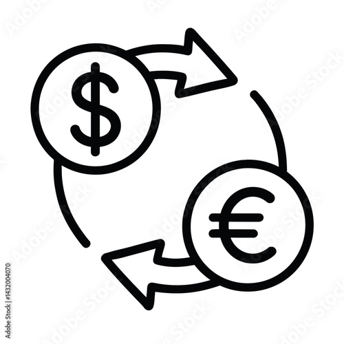 Vector line illustration of the currency exchange process between the US dollar and the Euro in black and white. Represents foreign exchange and currency conversion.