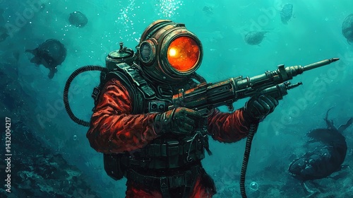 Advanced deepsea hunter in high-tech diving suit ocean depths action scene underwater adventure dynamic perspective