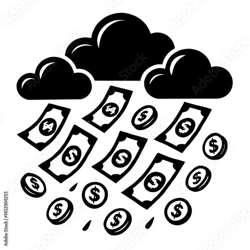 Vector illustration of clouds raining down dollar bills and coins in black and white. Represents financial abundance and unexpected wealth.