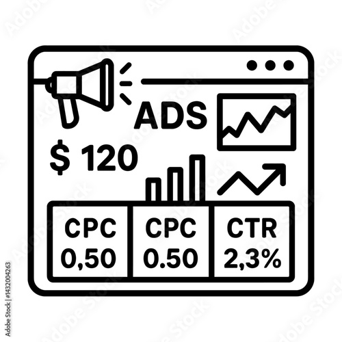 Vector line illustration of an online advertising dashboard with a megaphone, cost, graphs, and metrics like CPC and CTR in black and white. Represents digital marketing analytics and campaign perform